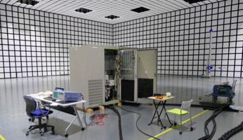 Photo: Experiment for development of EMC testing methods in an electromagnetic wave anechoic chamber