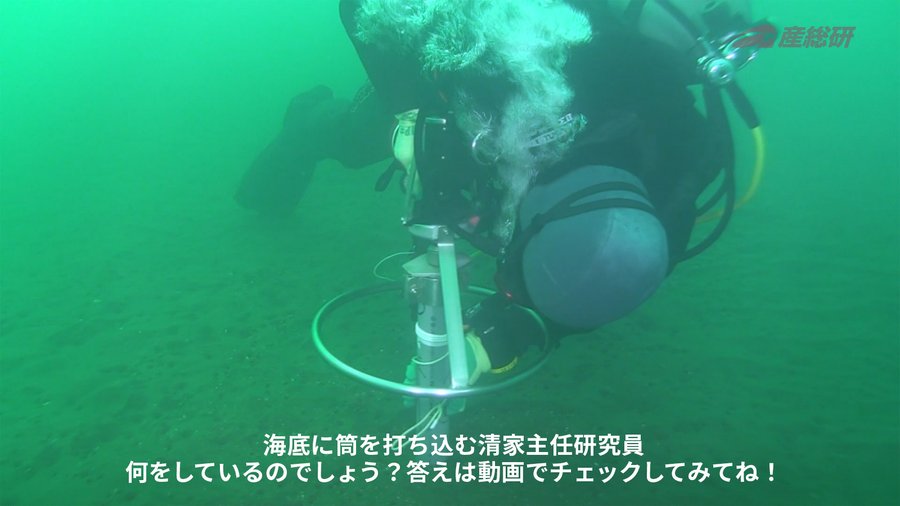 海底で筒を打ち込む清家研究員